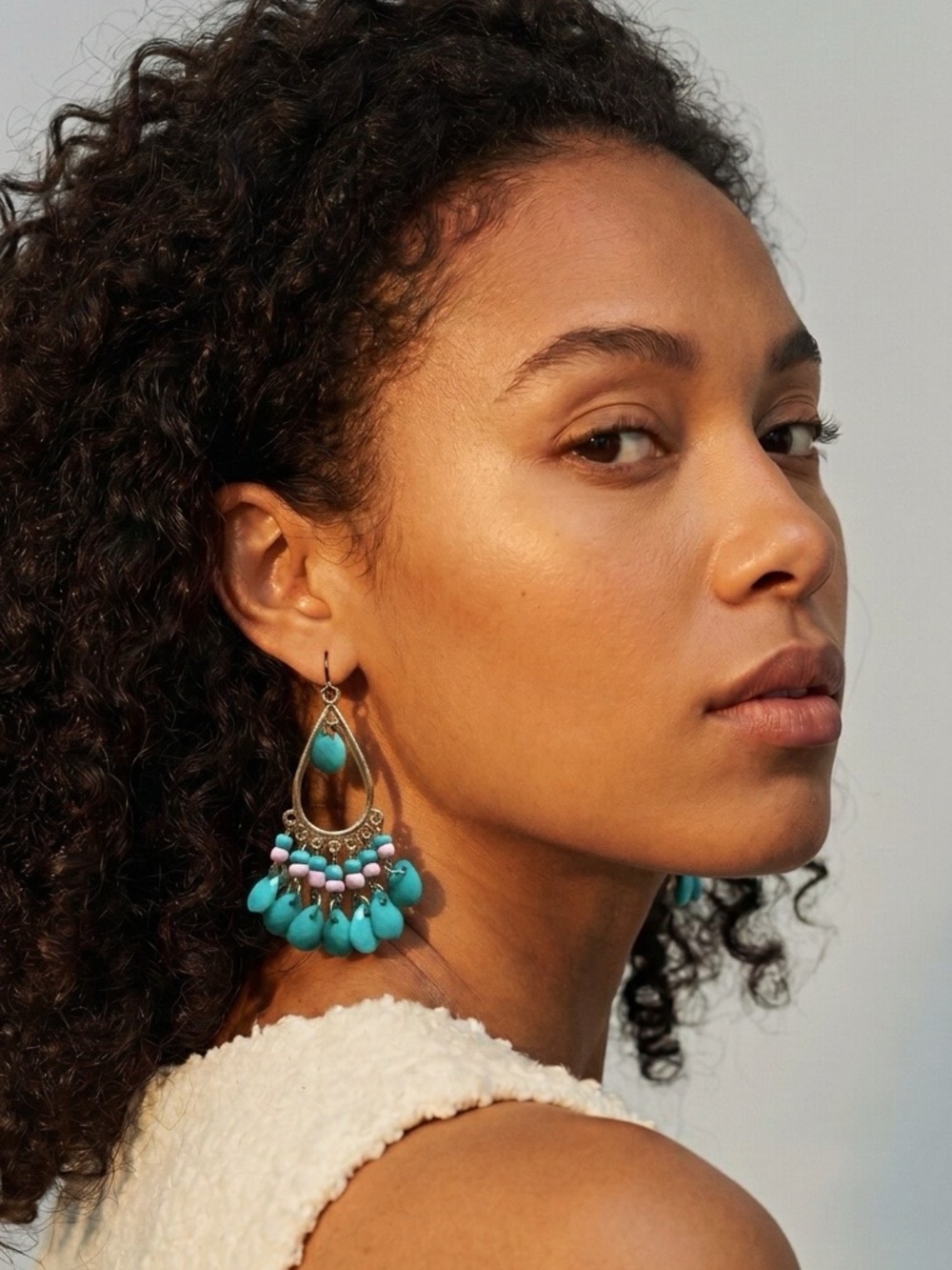 Turquoise and Pink Beaded Teardrop Earrings